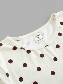 SHEIN Tween女孩波點圓領短袖T恤與短褲套裝 - 黃色 - 查看 7