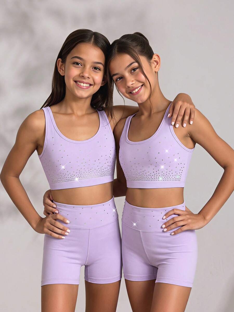 SHEIN 青少年女孩黑色運動背心+短褲套裝,活力上衣,可愛,校園,返校季 - 紫色 - 查看 1