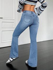 SHEIN PETITE Women's Casual Medium Wash Denim Flare Leg Jeans Long With Zipper Detail ,Petite Women - Medium Wash - View 5