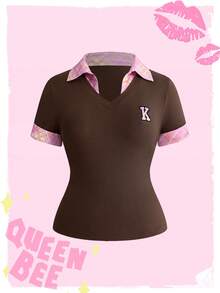 Mean Girls | ROMWE 大尺碼女款字母印花拼色休閒 Y2K 90年代日常穿著上衣 教師度假風 亮粉色 夏季 - 棕色 - 查看 1