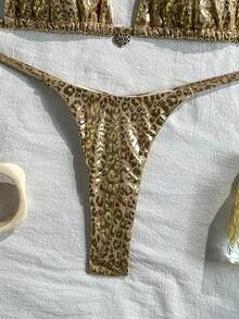 Bonvoyette Swim SXY 2件組 春夏海灘度假 金箔豹紋動物印花 紋理面料 金色愛心豹紋掛脖三角比基尼上衣與丁字褲 性感比基尼泳衣套裝 女款 - 彩色 - 查看 9