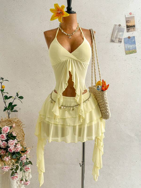 Soleia Women's Solid Color Asymmetrical Hem Halter Neck Tank Top And Skorts 2-Piece Set For Vacation Beach Vacation Pale Yellow Summer Fairy