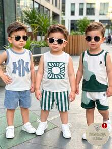 SHEIN Playful Pals 3 Sets  Casual Classic Faux Pattern, Sun Pattern, Color Block Patchwork Pattern Printed Sleeveless Tank Top And Matching Printed Shorts - Multicolor - View 4