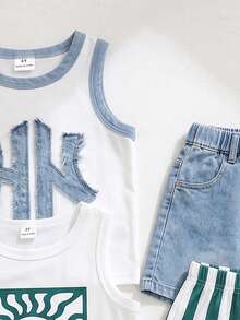 SHEIN Playful Pals 3 Sets  Casual Classic Faux Pattern, Sun Pattern, Color Block Patchwork Pattern Printed Sleeveless Tank Top And Matching Printed Shorts - Multicolor - View 6