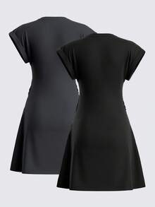 SHEIN BASICS 2件組休閒素色針織圓領短袖迷你洋裝女款夏季洋裝 - 彩色 - 查看 2