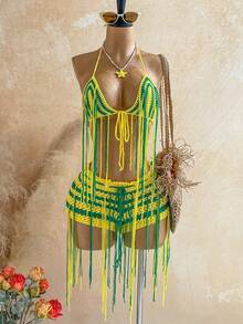 Soleia Summer Women's Vacation Style Beach Fringe Knit Bikini Set Green And Yellow Sexy - Multicolor - View 3