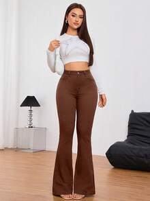 SHEIN Tall 女款口袋喇叭休閒百搭牛仔褲，適合高個女性 - 咖啡棕 - 查看 3