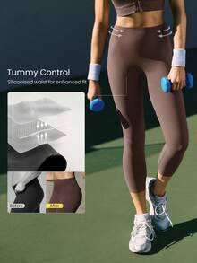 GLOWMODE 21" FeatherFit™-Sculpt Slay The Sweat Compressive Anti-Roll Tummy Control No Front Seam Side Pockets Leggings Training Running Workout Gym - Brown - View 6