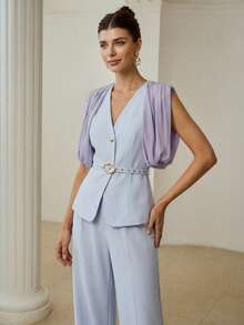 ZEYLAH Elegant Commuter Shawl Collar Sleeveless Blazer Vest - Baby Blue - View 5