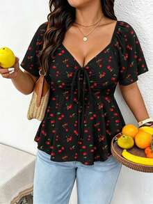 SHEIN Frenchy Casual Spring/Summer Cherry Print Off-Shoulder Drawstring Plus Size Women's Black T-Shirt, Vacation Top - Multicolor - View 5