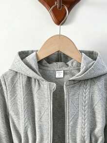 SHEIN Elladie kids 少女連帽外套，休閒可愛學院風復古連帽衫，秋冬開學季戶外運動日常穿搭，舒適保暖外套 - 灰色 - 查看 5