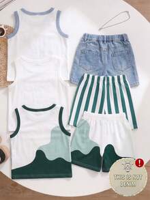 SHEIN Playful Pals 3 Sets  Casual Classic Faux Pattern, Sun Pattern, Color Block Patchwork Pattern Printed Sleeveless Tank Top And Matching Printed Shorts - Multicolor - View 2