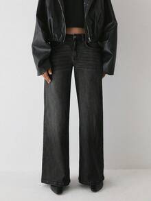 YARNWELL Women's Straight Leg Loose Casual Versatile Denim Jeans With Pockets - Black - View 1