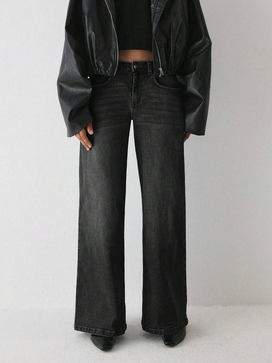 YARNWELL Women's Straight Leg Loose Casual Versatile Denim Jeans With Pockets - Black - View 1