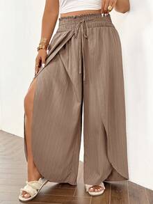 Lounesse Plus Size Solid Color Wrap Slit Pants For Vacation Casual Wear - Khaki - View 4