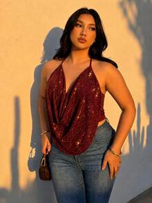 Firerie Plus Size Women's Solid Color Shiny Draped Neck Tank Top Party Burgundy Summer Sexy - Burgundy - View 10