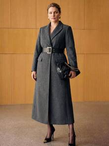 MOTF PREMIUM WOMEN'S PLUS SIZE AUTUMN/WINTER LAPEL CINCHED WAIST WIDE LEATHER BELT SLIMMING OVERCOAT - Dark Grey - View 7