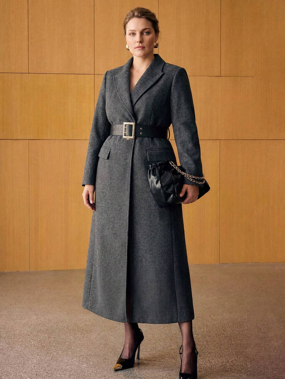 MOTF WOMEN'S PLUS SIZE AUTUMN/WINTER LAPEL CINCHED WAIST WIDE LEATHER BELT SLIMMING OVERCOAT