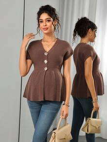 Momance Maternity Sweater Vest, Fitted V-Neck With Metal Button Design, Solid Color Knit, Casual Everyday Wear, Versatile Outerwear Winter - Brown - View 1