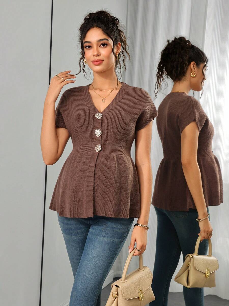 Momance Maternity Sweater Vest, Fitted V-Neck With Metal Button Design, Solid Color Knit, Casual Everyday Wear, Versatile Outerwear Winter - Brown - View 1