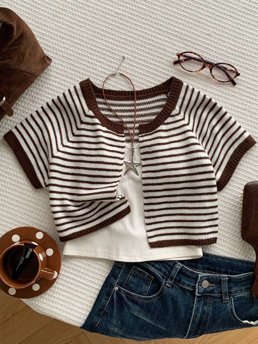 Comfortcana Women's White And Brown Raglan Short Sleeve Casual French Thin Cardigan Brunch Summer - Multicolor - View 1