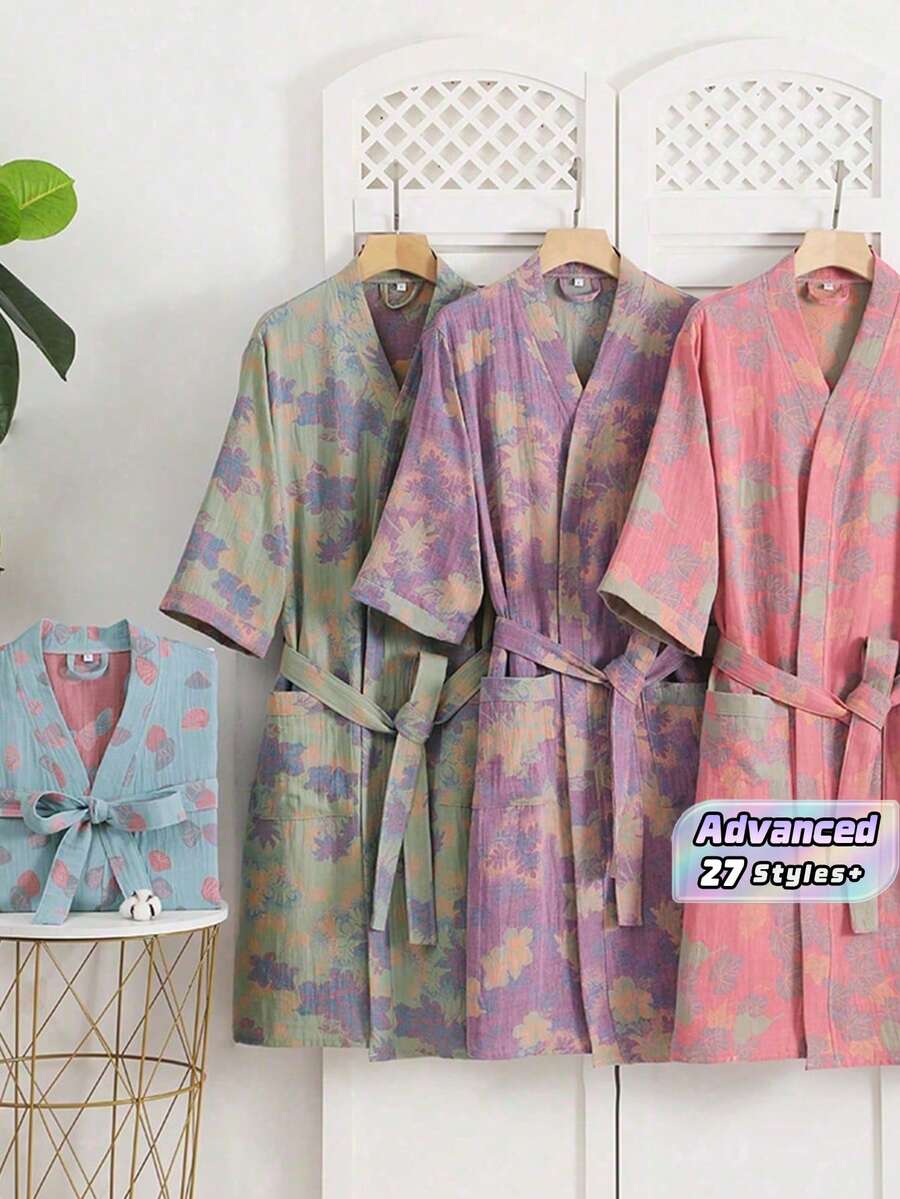 SHEIN 1件 复古图案浴袍 粉色/紫色/蓝色/绿色 纯棉纱布浴袍 纯棉纱布浴袍 夏季浴袍 吸水速干 女士浴袍 可穿戴浴巾 春夏睡衣 双层纱布 粉色/紫色/蓝色/绿色 浴室用品 家居用品 - 彩色 - 查看 1
