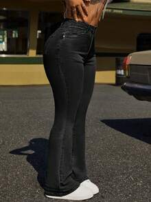 SHEIN PETITE 女款前扣口袋簡約牛仔褲，休閒日常穿著，適合嬌小女性 - 黑色 - 查看 6