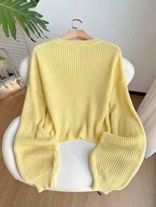 SHEIN EZwear Plus Size Women's Casual Vacation & Commute Solid Color V-Neck Dropped Shoulder Loose Lantern Sleeve Button Front Cardigan, Autumn/Winter - Pale Yellow - View 2