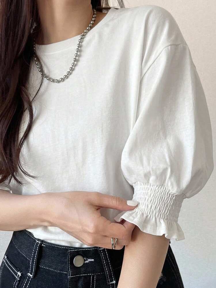 FRIFUL Women's Summer Striped Round Neck Short Sleeve Cuffed T-Shirt - White - View 6