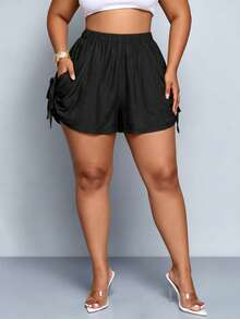 SOLERSUN Plus Size Women's Solid Color Side Tie Pocket Casual Shorts - Black - View 3