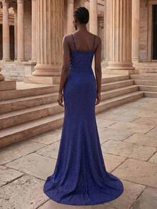 Coutiva Women's Elegant Rhinestone Pleated Ruffle Mermaid Hem Formal Evening Gown - Navy Blue - View 2