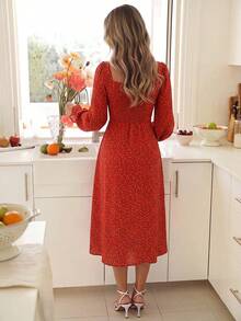 KARISMINA Women's Red Midi Dress Puff Sleeve Printed Cinched Waist Pleated Banquet Reception Banquet Celebration Festive Charming Attractive Appealing Holiday - Red - View 4