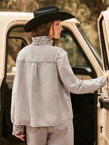 WESTFADE Ruffle Mock Neck Long Sleeve Denim Top, Fall, Female Country, Western Casual, Festival, Concert Grey Blue - Light Grey - View 2