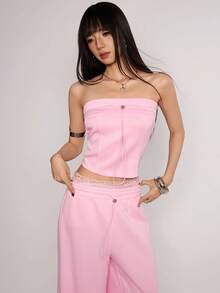 Rina Fox 女款甜酷街頭風粉色辣妹抽繩抹胸上衣 - 粉色 - 查看 8