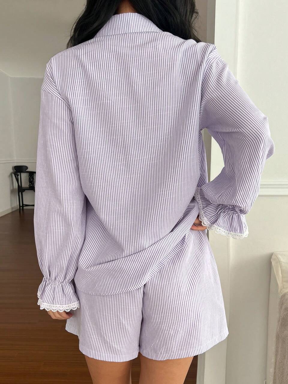 Women's Striped Long Sleeve Single-Breasted Top And Shorts Pajama Set Fall