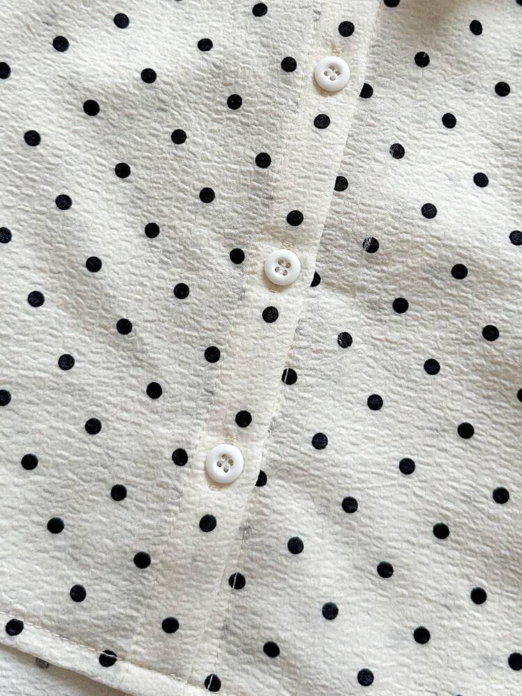 SHEIN Vintaside Kids 2026 Spring/Autumn New Girls' Beige Polka Dot Collared Shirt, Puff Long Sleeve Single-Breasted, Soft Textured Fabric, Korean Style Versatile Young Girl Inner/Outer Wear Polka Dot Blouse - Black and White - View 7