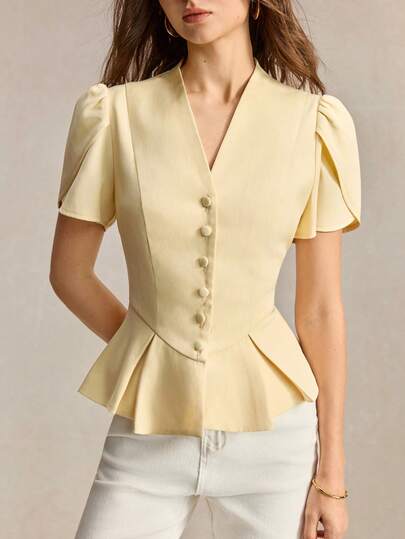 BizChic Áo blazer nữ mùa hè/thu vạt mở, cúc kim loại, tay ngắn, gấu xòe, phong cách thanh lịch Pháp, phù hợp cho văn phòng, đi làm, kinh doanh, nơi làm việc, giao tiếp, dịp trang trọng, Halloween, lễ tốt nghiệp, thường ngày đô thị, phong cách Old Money thập niên 90, dạo phố, hẹn hò, tiệc sinh nhật, tụ họp, du lịch, bãi biển, phong cách đồng quê, hòa nhạc, đi chơi, trang phục tối giản, brunch, tiệc trà, mặc đi sân bay