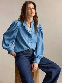 BizChic Fall Light Blue Shirt, Ruffle Collar, Front Pleats, Back To School, Church, Office, Special Occasions, Elegant French Style, Halloween, Birthday - Blue - View 6