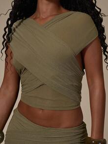 MUSERA Green Slinky Draped Cross Over Ruched Top - Olive Green - View 6