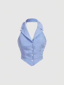 SHEIN MOD 女款條紋翻領單排扣掛脖背心上衣 - 藍白色 - 查看 5