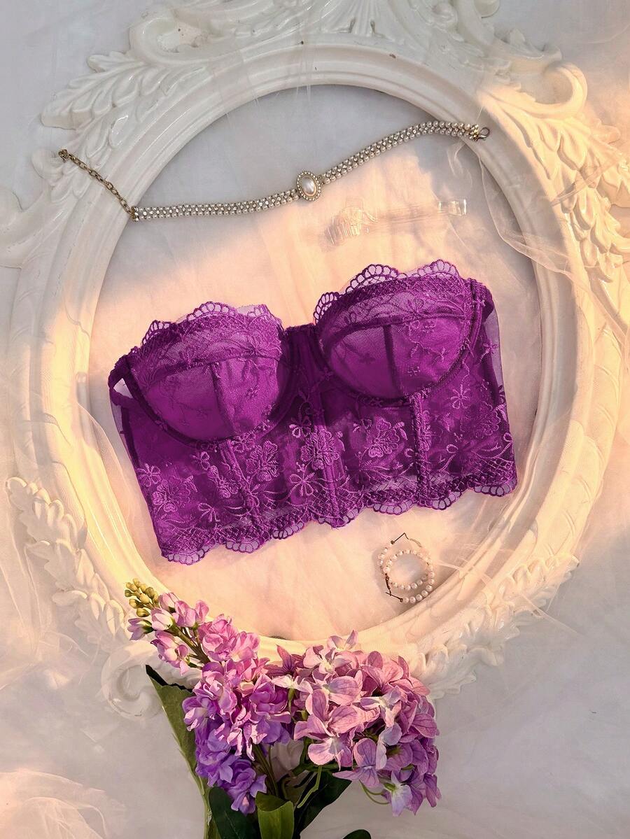 Crystal Vow 1pc Romantic Embroidered Detachable Transparent Strap Underwire Bra - Purple - View 1
