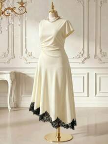 Rometta Damen-Strickkleid in großen Größen für den Sommer, neu, mit weitem Ausschnitt, asymmetrischen kurzen Ärmeln, geraffter Taille, figurschmeichelndem Design, elegant, modisch, sexy und sanft, mit weitem Oberteil, schmalem Saum und Spitzenbesatz, lang, geeignet für Alltag, Lässig, Dates und Treffen - Aprikosenfarben - Übersicht 2