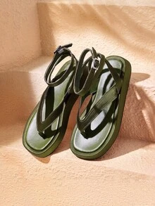 HighSole 春夏新款雙帶後扣設計厚底簡約百搭女款涼鞋，適合日常通勤與購物穿著 - 墨綠色 - 查看 1