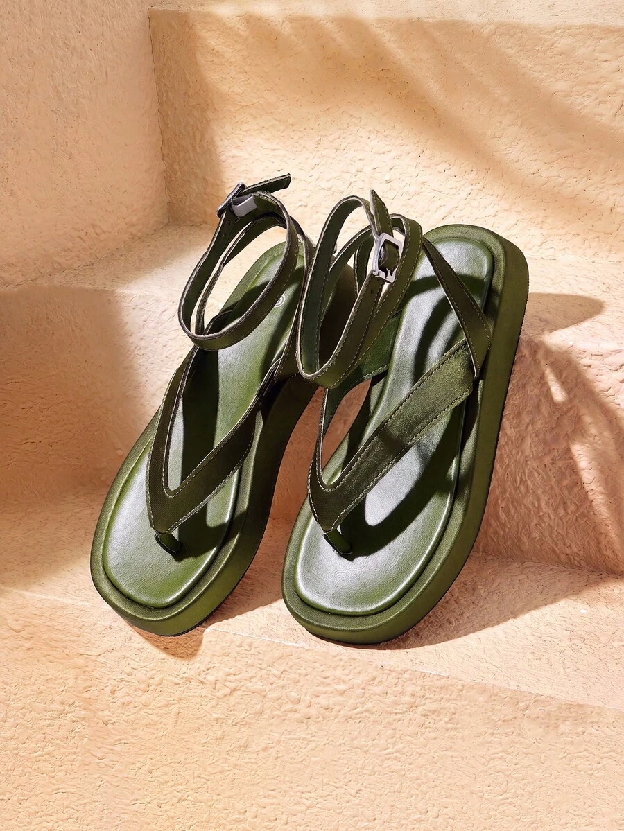 HighSole 春夏新款雙帶後扣設計厚底簡約百搭女款涼鞋，適合日常通勤與購物穿著 - 墨綠色 - 查看 1