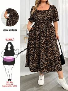 SHEIN CURVE+ 大尺碼女款豹紋短袖休閒優雅洋裝 - 棕色 - 查看 1