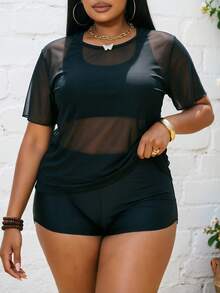 Swim SPRTY Plus Size Women 3pcs Set Solid Color Mesh Cover-Up, Camisole Bra And Shorts Bikini Set Set, Suitable For Beach, Vacation, Surfing And Sports - Black - View 1