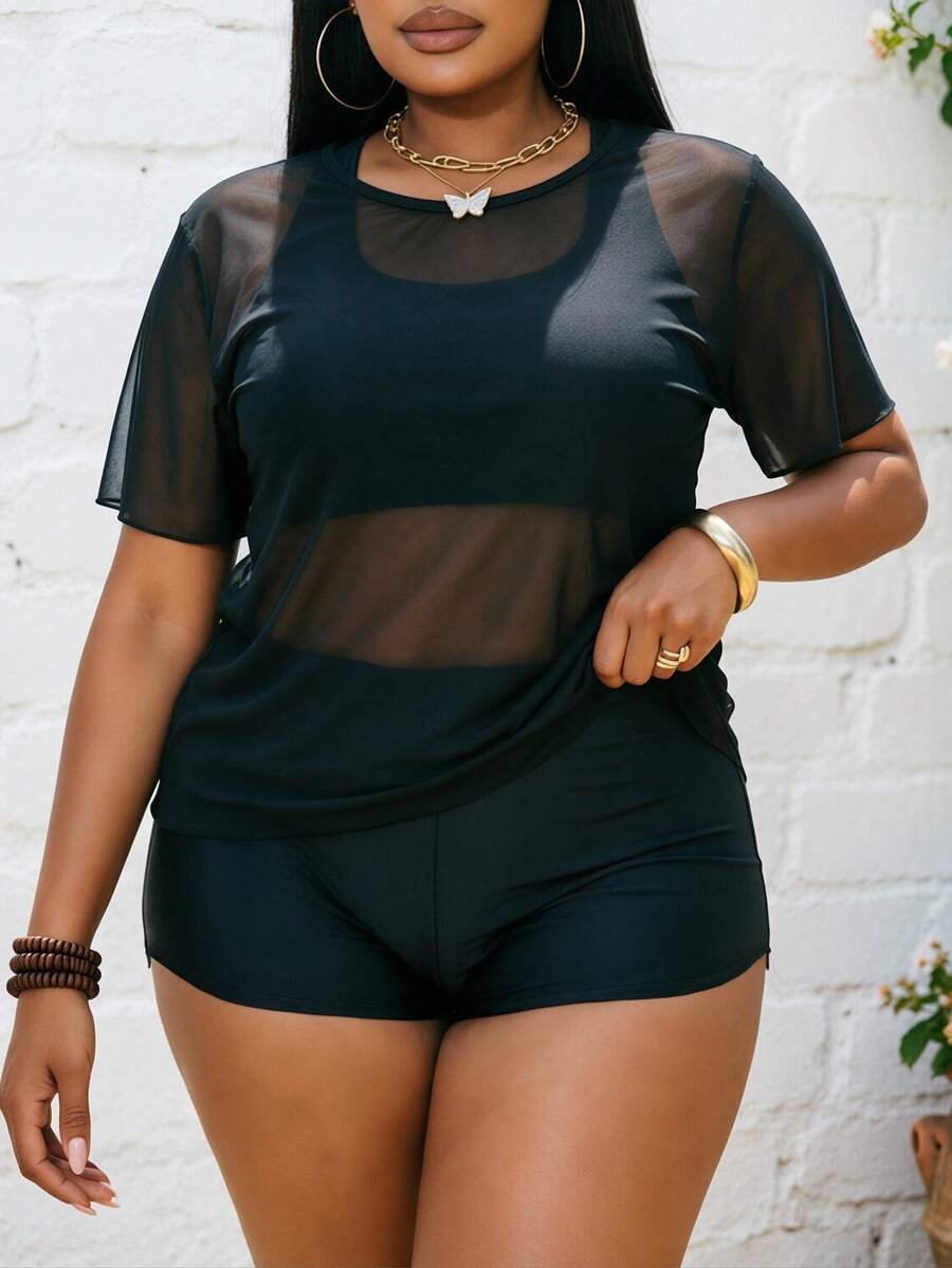 Swim SPRTY Plus Size Women 3pcs Set Solid Color Mesh Cover-Up, Camisole Bra And Shorts Bikini Set Set, Suitable For Beach, Vacation, Surfing And Sports - Black - View 1