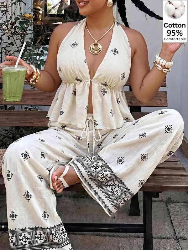 Muchica Casual Women's Plus Size Floral Print Deep V Neck Halter Tank Top And Wide Leg Pants 2pcs Set Beach Beige Summer