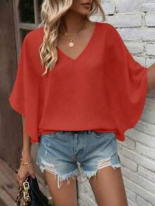 EMERY ROSE Solid Color V-Neck Loose Casual Holiday Short Sleeve Shirt Vacation Rust Summer - Red - View 6