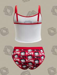 Betty Boop x SHEIN Conjunto de camiseta y calzoncillos con estampado de retrato de dibujos animados, cómodo y de talla grande, para verano - Rojo y blanco - Ver 2
